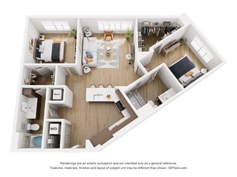 Floor plan for 2 beds, 2 baths, 1137 sqft